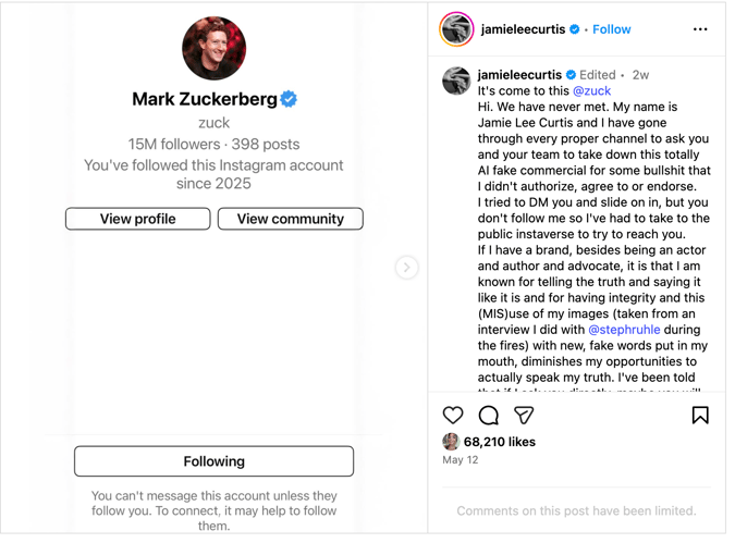 Jamie Lee to Mark Zuckerburg re deepfake
